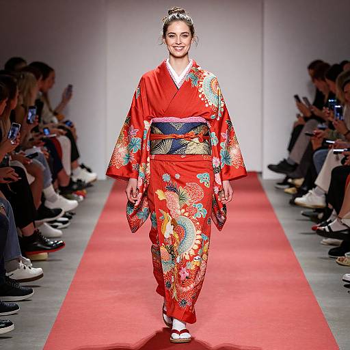 Photograph of a smiling Asian woman in a vibrant red kimono with colorful floral patterns, walking down a red carpet runway, with audience members on both