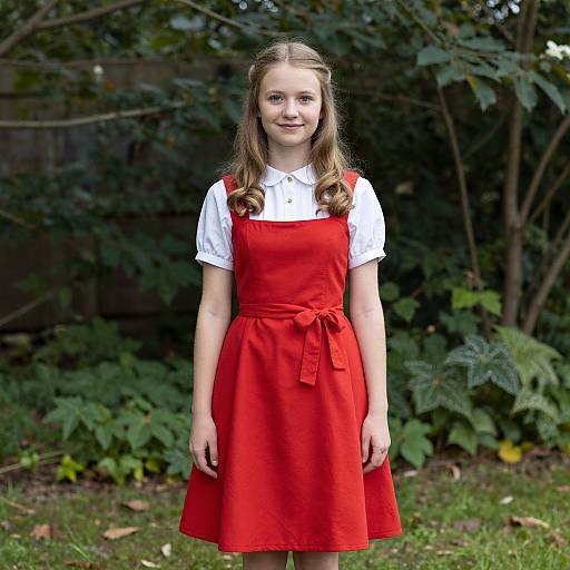 Photograph of a young girl with fair skin, brown wavy hair, wearing a white shirt and red dress, standing in a lush garden.