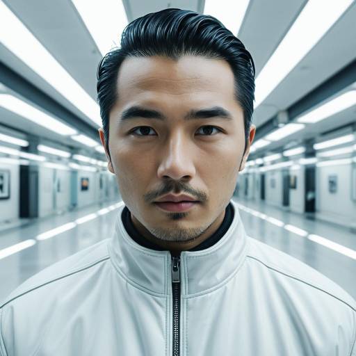 Portrait of Asian Man in Futuristic White Corridor