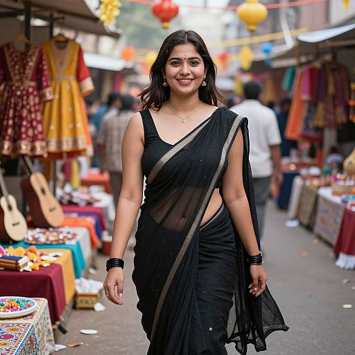 Photograph of a smiling Indian woman in a black saree with a silver border, walking through a vibrant outdoor market with colorful stalls and hanging lanterns