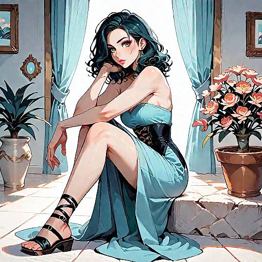 Elegant Woman in Strapless Dress on Courtyard Staircase