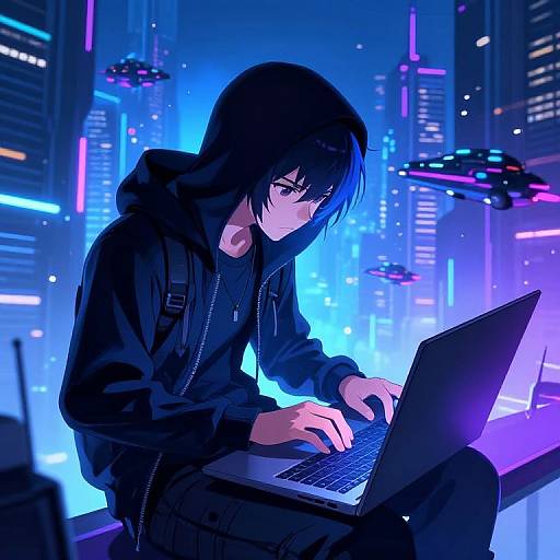 Cyberpunk anime boy with black hair and hoodie, typing on laptop, neon cityscape with flying drones in vibrant blue and purple lights.