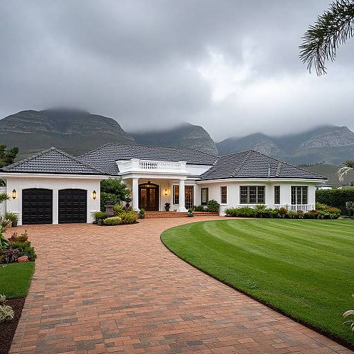 Photograph of a luxurious white mansion with black garage doors, red brick driveway, lush green lawn, and foggy mountain backdrop.