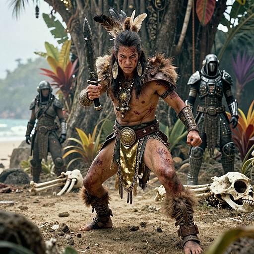 Photograph of a fierce, Native American warrior with feathered headdress, tribal armor, holding a knife, surrounded by two armored soldiers and jungle foliage