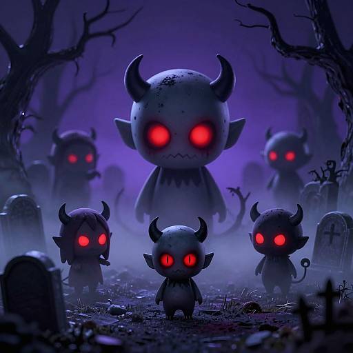 Chibi Horror Characters in Misty Graveyard