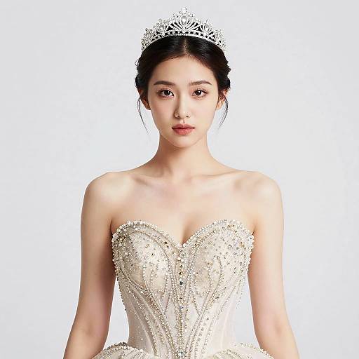 Photograph of an East Asian woman with fair skin, black hair in a bun, wearing a white tiara and an ornate, strapless,