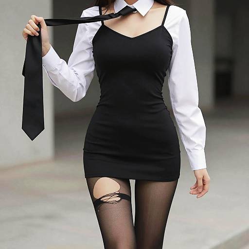 Photograph of a woman in a black mini dress, white long-sleeve shirt, black tie, and ripped fishnet stockings, holding her tie