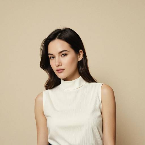 Woman in White Sleeveless High Collar Blouse