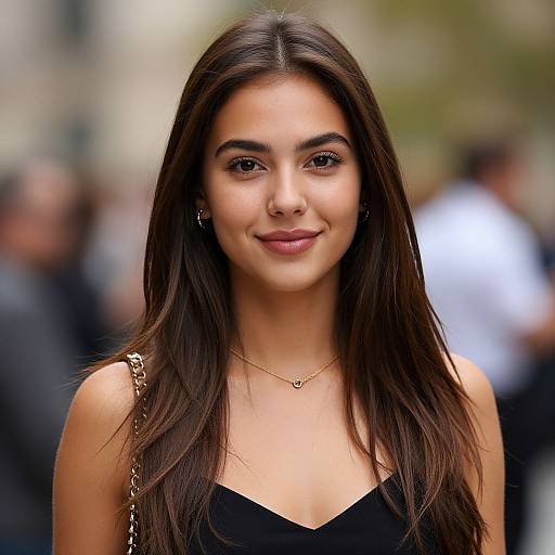 Photograph of a young woman with long, straight dark brown hair, brown eyes, wearing a black V-neck top and gold necklace, smiling subtly,