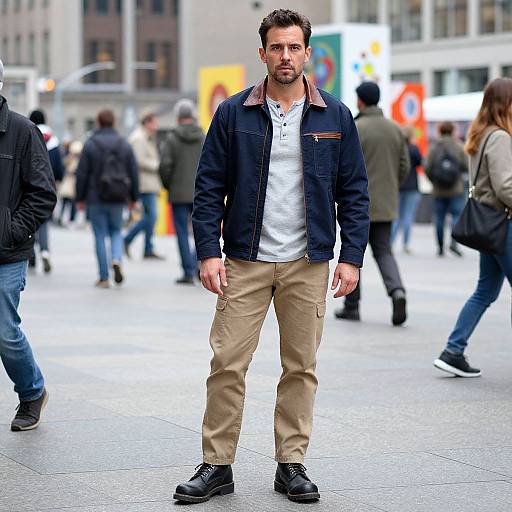 Photograph of a bearded man with short brown hair, wearing a navy jacket, white shirt, beige pants, and black shoes, standing in a