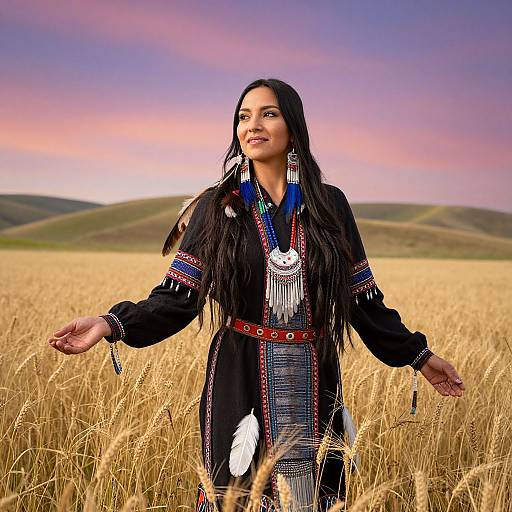 Photograph of a smiling woman with long black hair, wearing traditional Native American attire, standing in a golden wheat field at sunset.