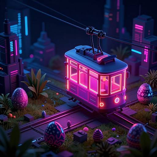 Neon-lit, glowing pink and purple tram on tracks in a futuristic cityscape with colorful, glowing eggs and plants at night. Digital artwork.