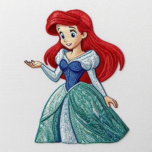 Colorful digital illustration of a smiling, red-haired, fair-skinned fairy princess with long hair, blue bodice, white puffed sleeves, and