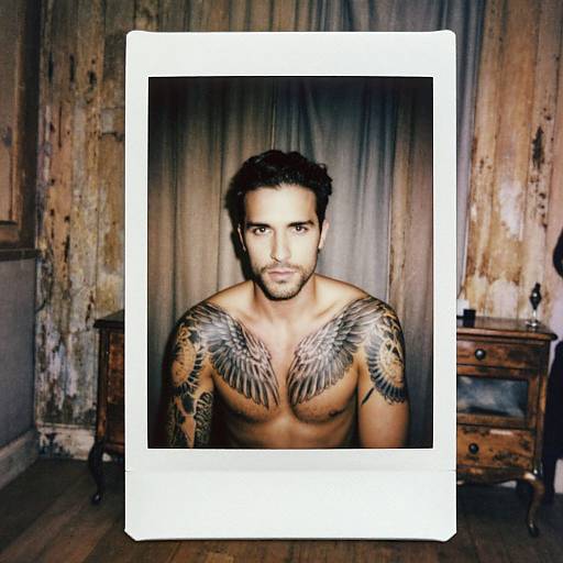 Photograph of a shirtless, tattooed man with dark hair and beard, standing in a rustic, wooden room with a white border.