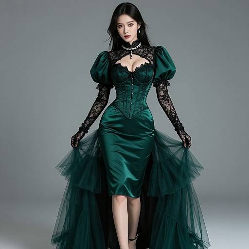 Photograph of a pale-skinned Asian woman with long black hair in a gothic, emerald green, lace-trimmed, puffed-s