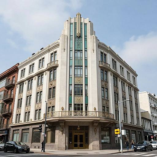 Photograph of a corner Art Deco building with ornate details, tall windows, and a central vertical accent, set against a clear blue sky.