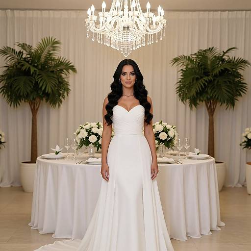 Photograph of a beautiful woman with long black hair in a strapless white wedding gown, standing in front of two round tables with white flowers and a