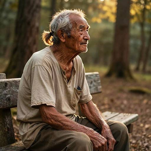 Elderly Man on Rustic Bench