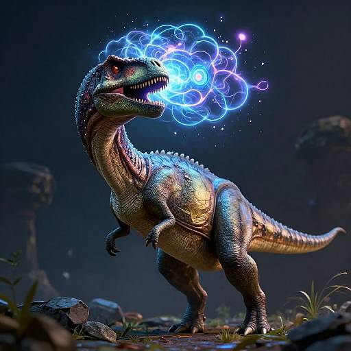 Digital art of a glowing blue-eyed, fire-breathing, detailed dinosaur with metallic scales in a dark, rocky forest at night.