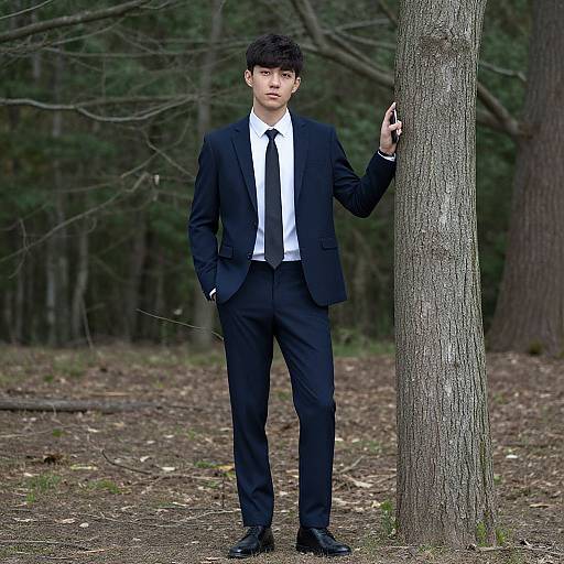 Photograph of a young Asian man in a black suit, white shirt, and black tie, standing by a tree in a forest. He holds a