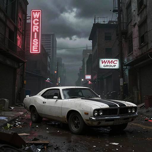 Cyberpunk-style digital art: rainy, dark alley with a white, weathered muscle car under neon 