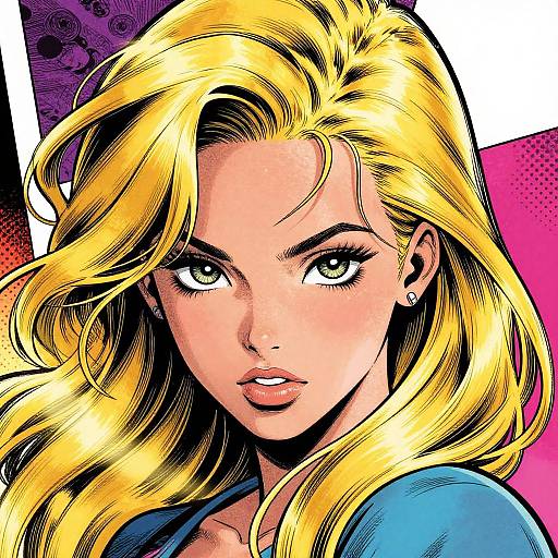 Digital comic-style portrait of a blonde woman with long, wavy hair, piercing green eyes, and a determined expression, wearing a blue shirt, against