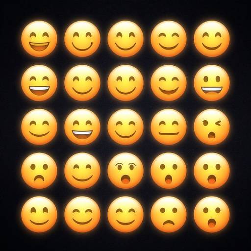 Grid of 16 orange, glowing smiley faces with various expressions (happy, neutral, sad, confused) on a black background. Digital image.