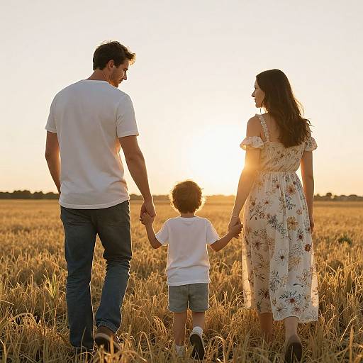 Photograph of a family of three holding hands in a golden wheat field at sunset, wearing casual summer clothes, smiling back.