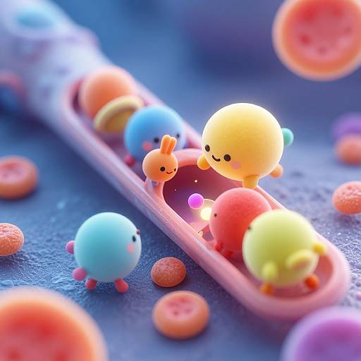 Whimsical CGI image of colorful, spherical, cartoon-like creatures with tiny arms and legs, riding a pink track, surrounded by floating buttons on a
