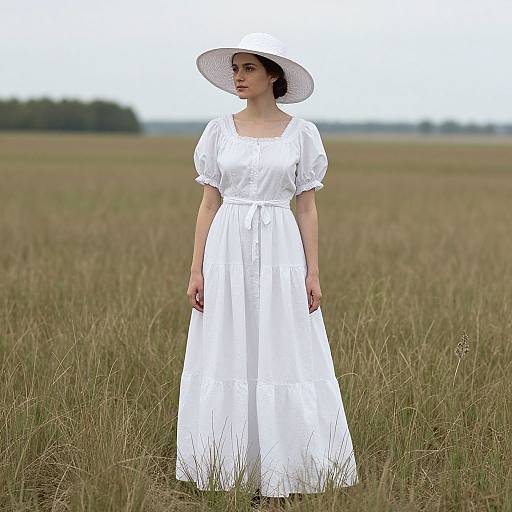 Photograph of a woman in a white dress and wide-brimmed hat standing in a tall grass field under a cloudy sky.