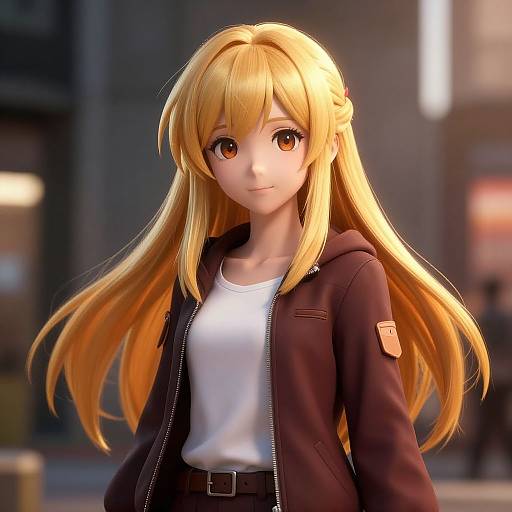 Digital anime-style illustration of a blonde girl with long hair, amber eyes, wearing a black jacket over a white shirt, standing in a softly lit urban