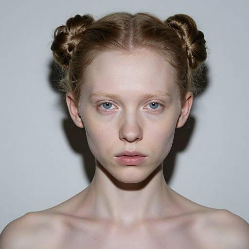 Photograph of a pale-skinned, blue-eyed woman with red hair in two braided buns, staring directly at the camera, against a plain