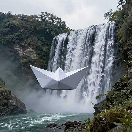 Photograph of a white paper boat floating in front of a powerful, multi-tiered waterfall surrounded by lush greenery and rocky cliffs.