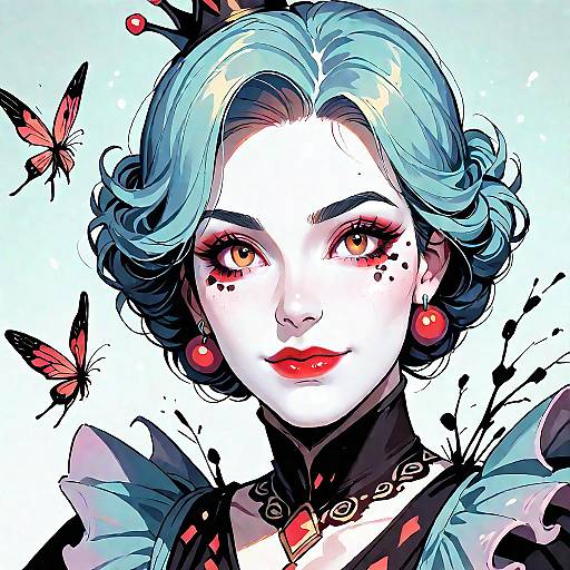 Digital art of a pale-skinned woman with teal curls, red lips, and red earrings, surrounded by red butterflies, wearing a black and blue outfit