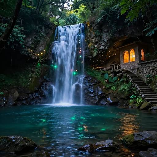 Mystical Waterfall with Fairy Lights