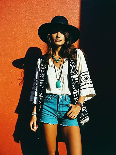 Bohemian Woman in Denim Shorts and Black Hat