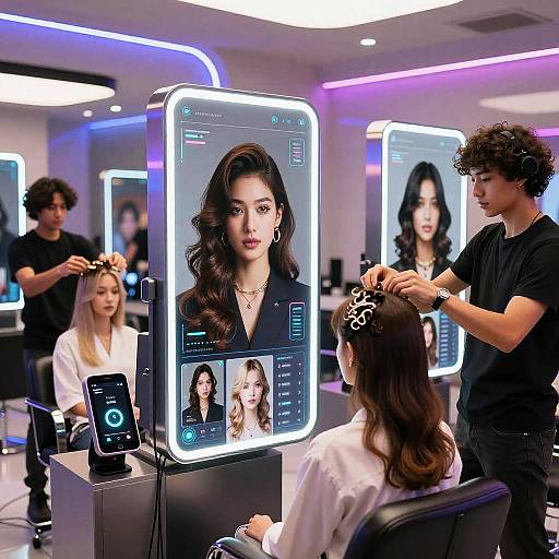 Futuristic AI Hairstyle Salon Scene