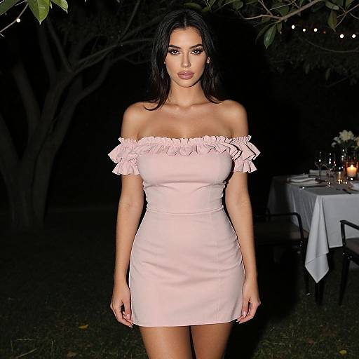 Photograph of a dark-haired woman with light skin wearing an off-shoulder, pink ruffle dress, standing outdoors at night by a dimly