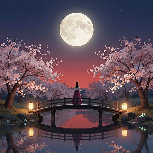 Digital anime-style artwork: A woman in a pink kimono stands on a wooden bridge, facing a glowing full moon, surrounded by cherry blossom trees and
