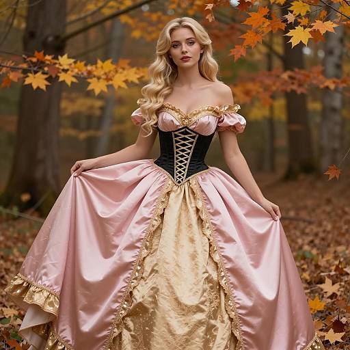 Blonde Woman in Pink and Gold Satin Ball Gown in Autumn Forest