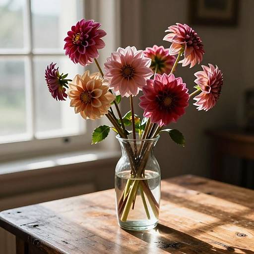 Photograph of a glass vase with pink and red dahlia flowers on a sunlit wooden table, background shows a window and blurred interior.