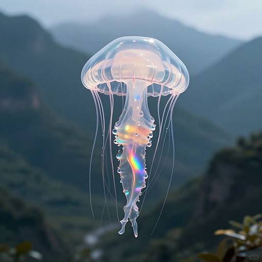Photograph of a glowing, translucent jellyfish with long, flowing tentacles, floating in a misty mountainous landscape. Soft, ethereal lighting