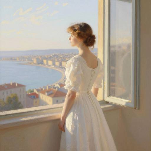 Photograph of a woman with curly brown hair in a white Victorian-style dress, standing by a sunlit balcony, gazing at a coastal town and