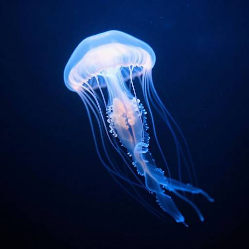 Photograph of a glowing blue jellyfish with translucent, flowing tentacles against a dark blue underwater background, showcasing its ethereal, bioluminescent