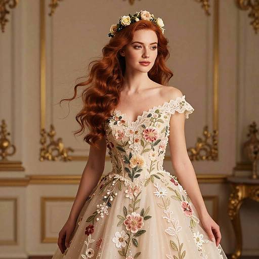 Photograph of a fair-skinned, red-haired woman in an off-shoulder, floral-embroidered, cream-colored ball gown, wearing