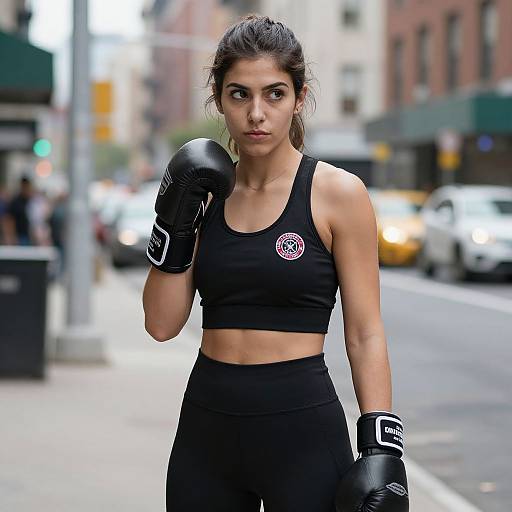 Photograph of a focused, athletic woman with dark hair in a ponytail, wearing black sports bra, high-waisted leggings, and boxing gloves