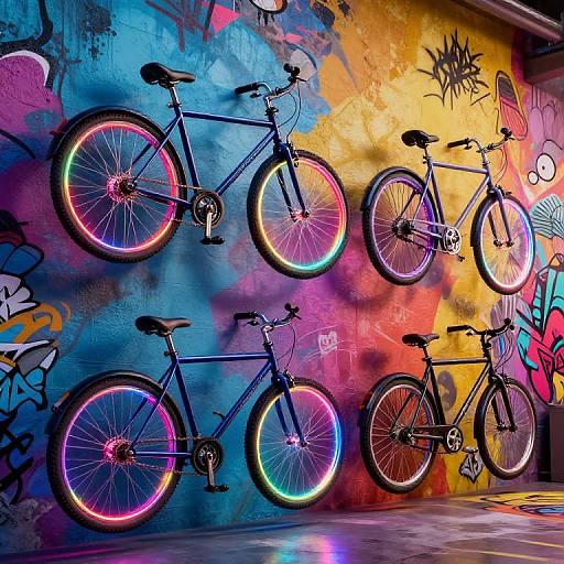 Vibrant photograph of four neon-lit bicycles mounted on a colorful, graffiti-covered wall, showcasing an urban, artistic street scene.