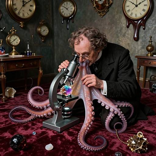 Photograph of a man in a black suit examining a transparent, pink octopus with tentacles using a microscope on a red carpet, surrounded by antique