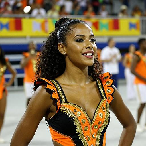 Photograph of a smiling Black woman with dark curly hair, wearing an orange and black sequined dress, on a brightly lit dance competition stage, with