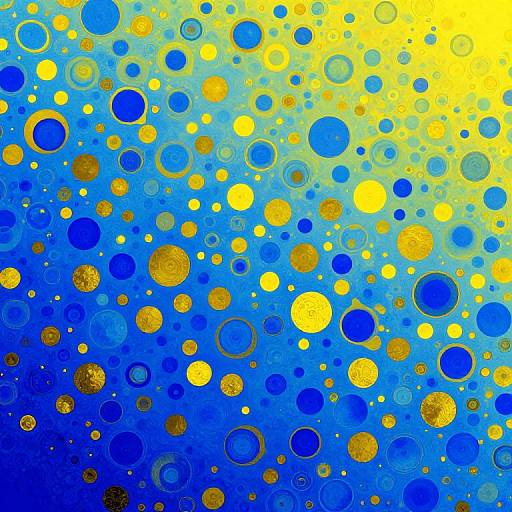 Abstract digital artwork featuring a gradient from yellow to blue, filled with various-sized circles in blue and yellow.